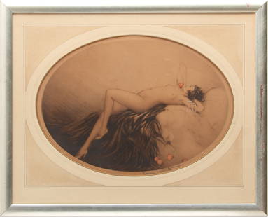 Louis Icart (French, 1888-1950) Etching on Paper, 1928, "Eve", H 13.25" W 19": Louis Icart (French, 1888-1950) Etching on Paper, 1928, "Eve", H 13.25" W 19" | Signed in pencil lower right. Marked on upper edge "Copyright Louis Icart, 1928". Partial blind stamp visible lower left