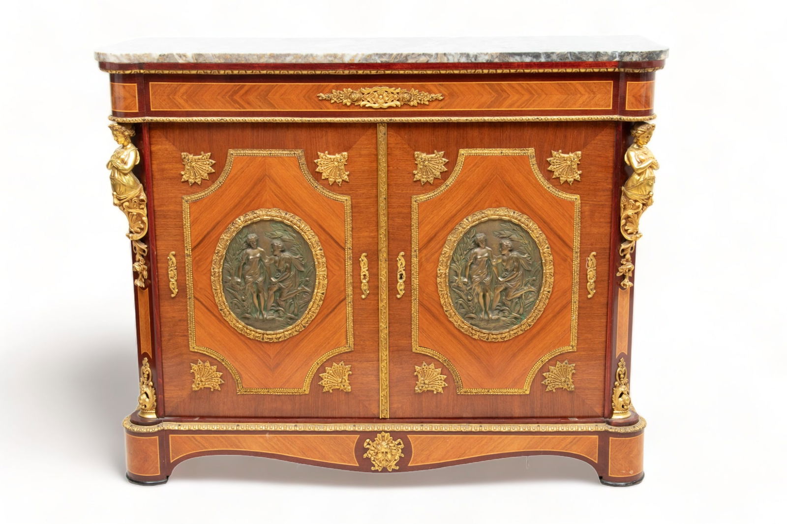in the Manner of Jean-Henri Riesener (French) Louis XVI Style Marble Top Commode, Ca. 20th Century, (1 of 4)