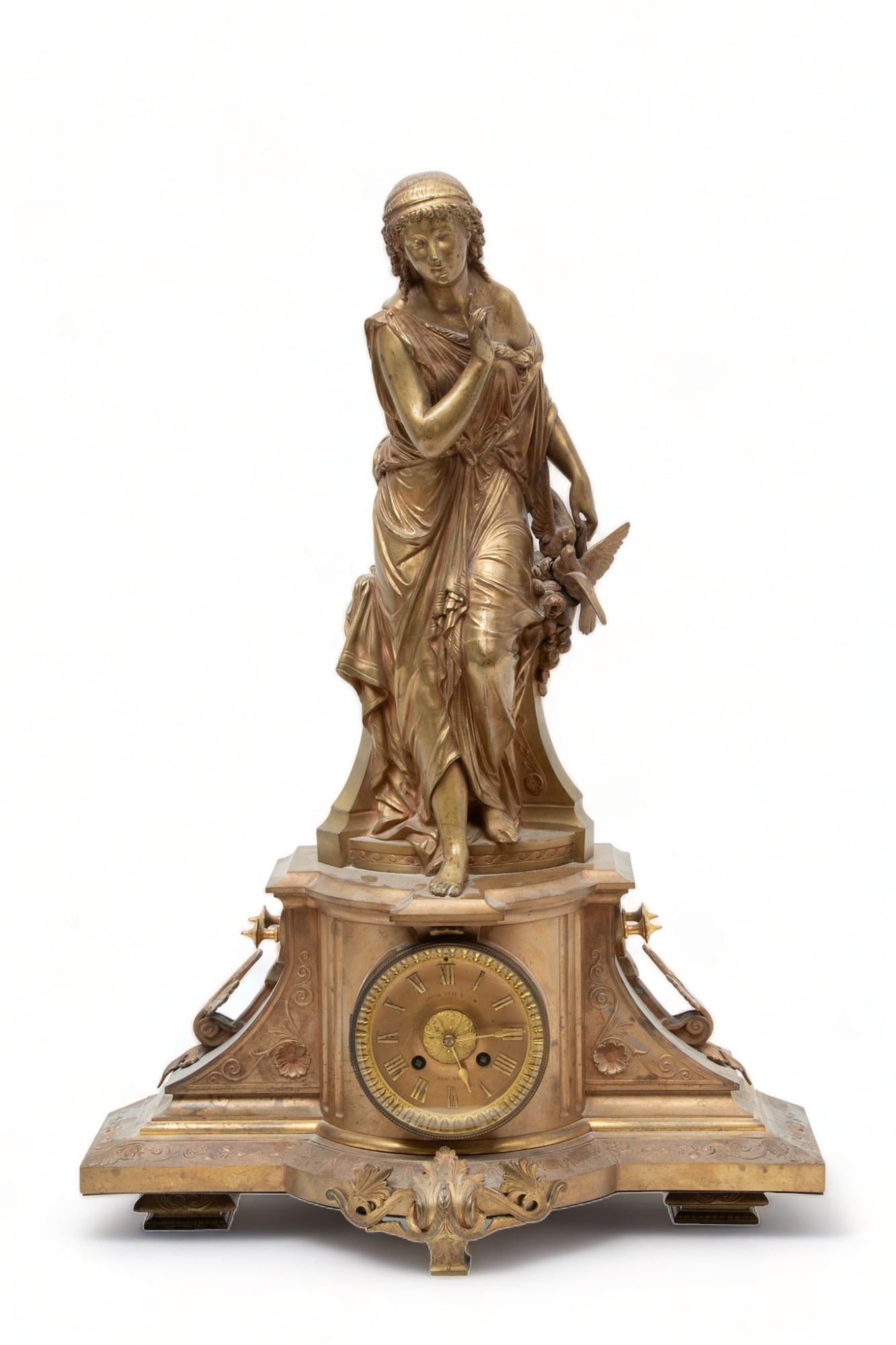 Covell Gray & Co (New York) Dore Bronze Figural Mantle Clock, H 25" L 18" Depth 7" (1 of 6)