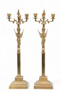 Pair of French Empire Style Gilt Metal 3-Light Candelabra, H 23.25" W 5.5" Depth 5.5": Pair of French Empire Style Gilt Metal 3-Light Candelabra, H 23.25" W 5.5" Depth 5.5" | Mermaids atop reeded columns holding up arms of candelabra. Provenance: Property of a distinguished Lathrup Vill