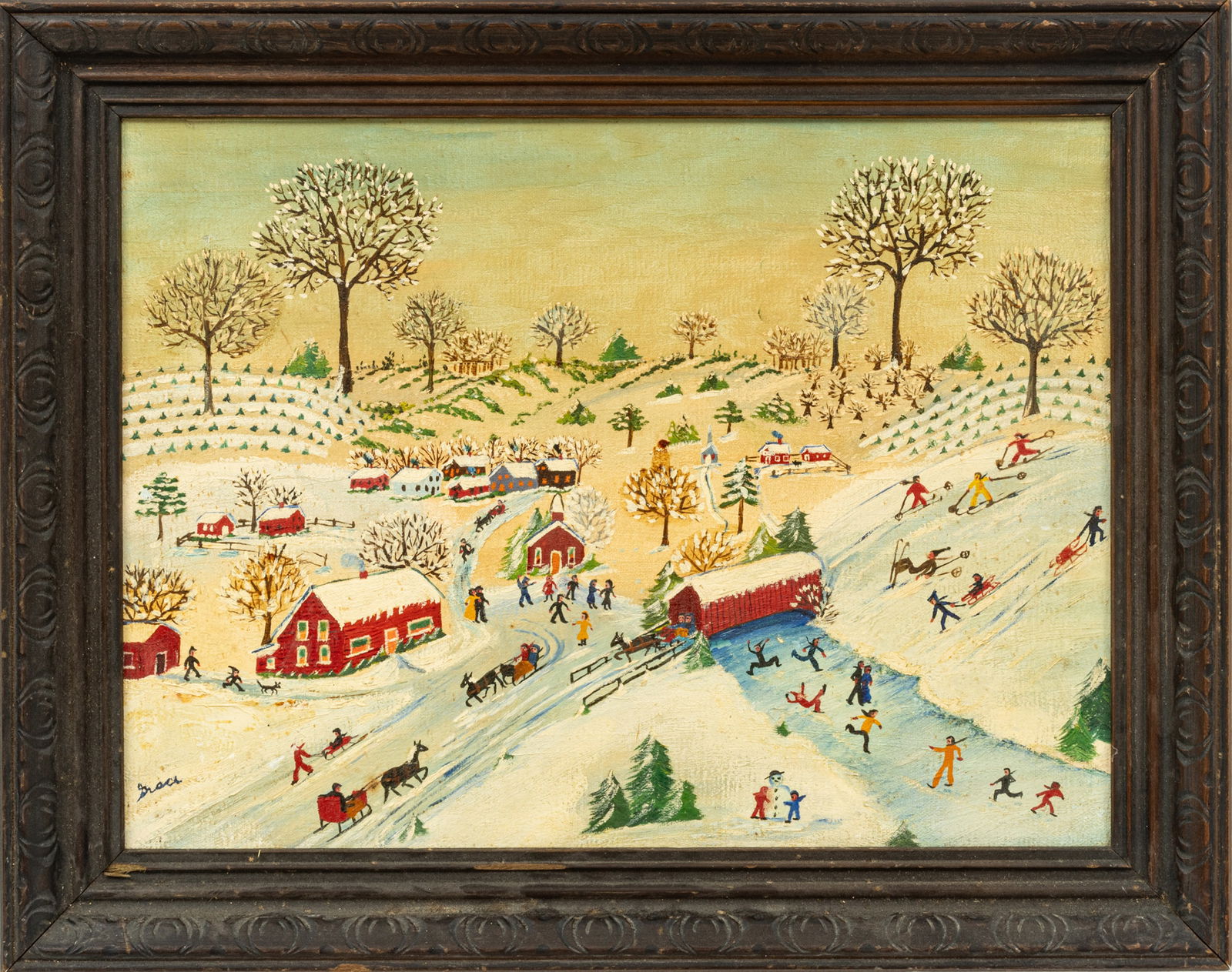 Grace McArthur, Michigan , 1898-1986 Oil on Canvas "Winter Fun", H 12" W 16" (1 of 7)