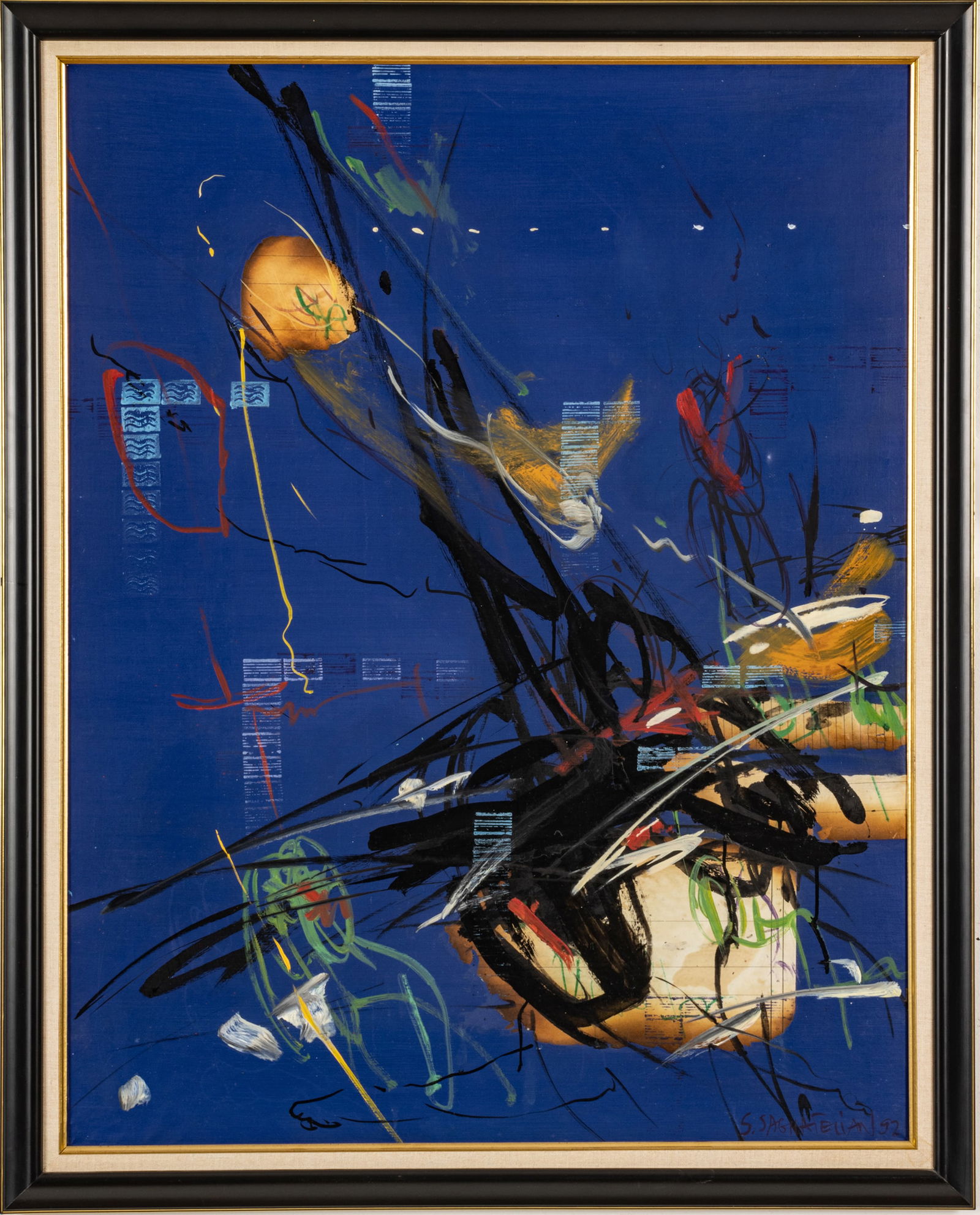 Samuel Saghatelian (Armenian, 1958) Oil And Collage on Canvas, Triple Union - Shadow And Tracks, H: Samuel Saghatelian (Armenian, 1958) Oil And Collage on Canvas, Triple Union - Shadow And Tracks, H 36" W 28" | Signed lower right. Framed H 42", W 32.25". Provenance: from the Estate of Pat and Mary R