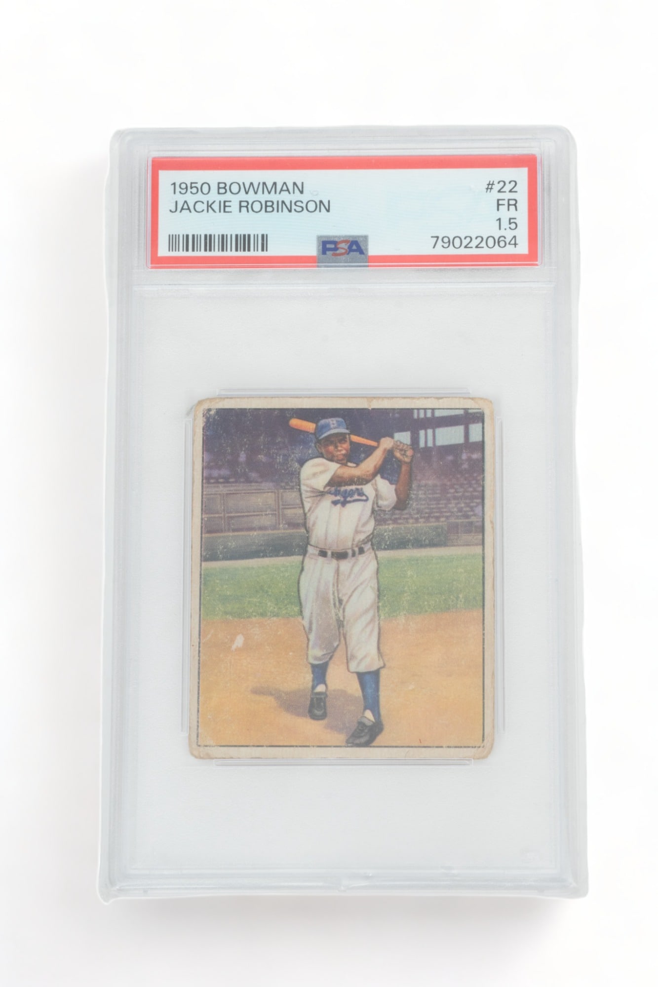 1950 Bowman Jackie Robinson #22 Baseball Card, PSA 1.5, H 2.5" W 2": 1950 Bowman Jackie Robinson #22 Baseball Card, PSA 1.5, H 2.5" W 2" | Bowman Gun, Inc. 1950 Jackie Robinson #22 baseball card. Cased and graded by Professional Sports Authentication, 79022064.