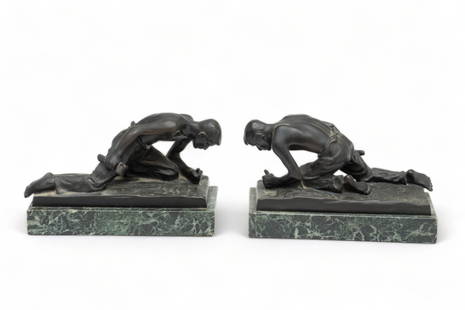 J. Valenta (Austrian) Bronze Figural Bookends, H 5.5" W 8.5" 1 Pair: J. Valenta (Austrian) Bronze Figural Bookends, H 5.5" W 8.5" 1 Pair | the bronzes alone measure H 4" X W 8". with the marble bases, the bookends measure H 5.5" X W 8.5" overall. Each with artist's sig