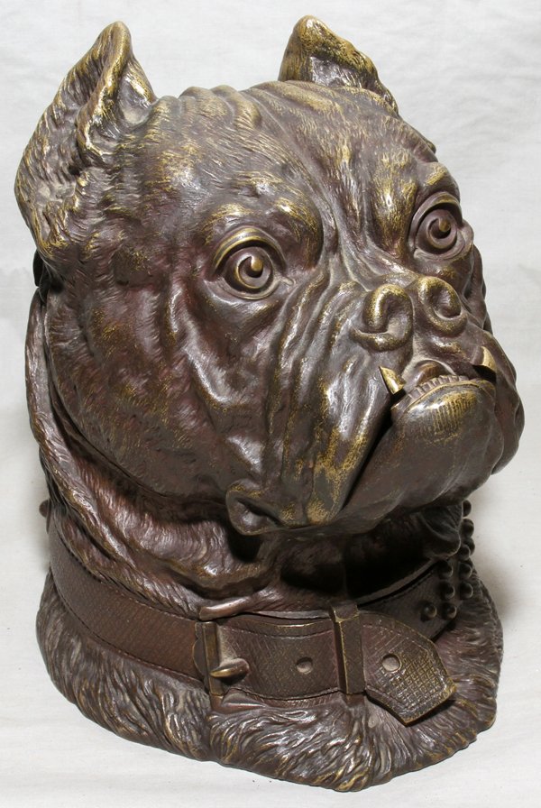 VARNIER SIGNED BRONZE BULLDOG HUMIDOR,: VARNIER SIGNED BRONZE BULLDOG HUMIDOR, 19TH C, H 9":depicts a bulldog with leather collar with buckle. Top of head is hinged lid. Signed Varnier on back on collar;