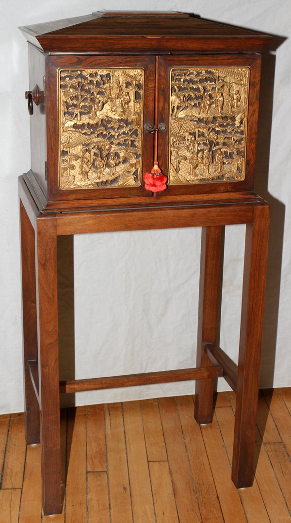 VINTAGE JAPANESE WOOD NETSUKE CABINET,: VINTAGE JAPANESE WOOD NETSUKE CABINET, H 47", L 22", D 15":Featuring carved gilt wood pierced insets to the two doors which open to reveal five drawers with milk glass blossom style pulls. Lid also op