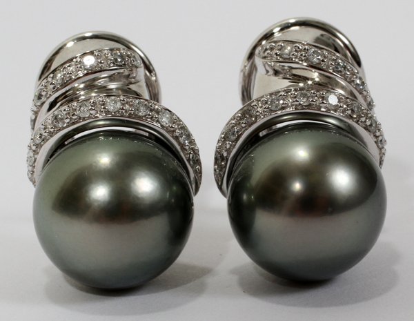 10MM TAHITIAN PEARL & DIAMOND CLIP EARRINGS: 10MM TAHITIAN PEARL & DIAMOND CLIP EARRINGS:14kt white gold. 1-color, Si-3 clarity.
