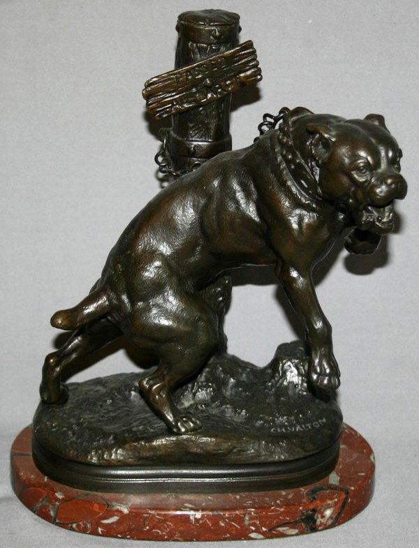 AFTER C. H. VALTON, BRONZE SCULPTURE: AFTER C. H. VALTON, BRONZE SCULPTURE, 10" H. X 8" L, BULL DOG:depicts a lunging bull dog chained to a post. Signed: "C.H. Valton" on the base; surmounted on a oval shape brown marble base;