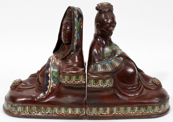 BOOKENDS, ENAMEL INLAY, ANTIQUE CHINESE BRONZE: BOOKENDS, ENAMEL INLAY, ANTIQUE CHINESE BRONZE CHAMPLEVÉ PAIR, L 5" X 7", EMPEROR & EMPRESS:depicts an emperor and empress with painted highlights,