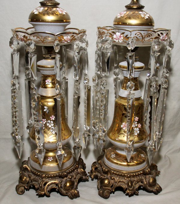 ITALIAN GLASS LUSTER STYLE AND GILT METAL LAMPS: ITALIAN GLASS LUSTER STYLE AND GILT METAL LAMPS, PAIR, H 44":hanging crystal spears.
