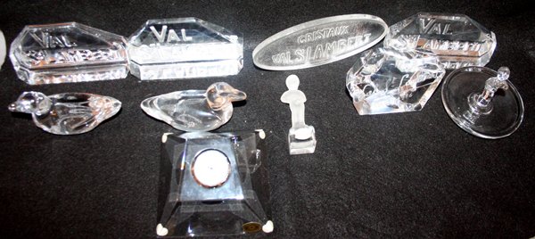 VAL ST. LAMBERT GLASS GROUPING, 11 PCS: VAL ST. LAMBERT GLASS GROUPING, 11 PCS:Includes 2 ducks, 1 ring dish, 5 plaques, 2 desk clocks, paperweight and figure. L 4 1/4" - 6 1/4".