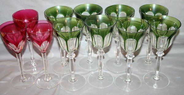 VAL ST. LAMBERT WINE GLASSES, 11,: VAL ST. LAMBERT WINE GLASSES, 11, H 7":Pink to clear & green to clear. 3 pink & 8 green. Pink are signed.