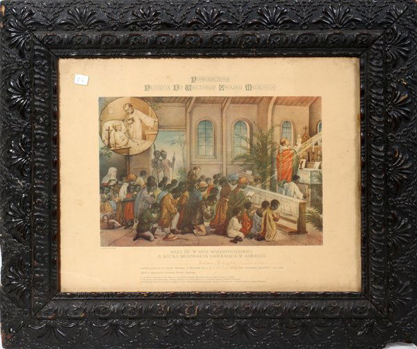 POLISH ANTIQUE LITHOGRAPH 1924, 10" X 14",: POLISH ANTIQUE LITHOGRAPH 1924, 10" X 14", CERTIFICATE FROM MARYKNOLL MISSION:Framed size 23" x 27". Certificate from Maryknoll missionary depicting natives at Mass. By M. Gladbach, B. Kuhlen.