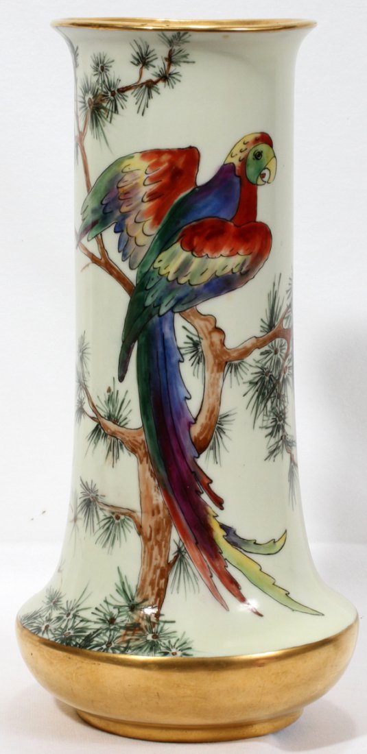 BAVARIAN HAND PAINTED PORCELAIN VASE, H 12": BAVARIAN HAND PAINTED PORCELAIN VASE, H 12", DIA 6":Having painted motif depicts a parrot perched on a leafy branch, with gold accents; marked "Bavaria" at the underside.