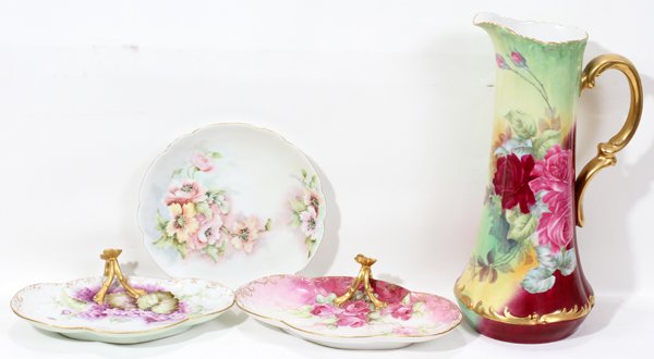 LIMOGES AND BAVARIAN PORCELAIN SERVING GROUP: LIMOGES AND BAVARIAN PORCELAIN SERVING GROUP FOUR PIECES:Featuring Limoges dishes including two nappies and one round plate, 10" Dia plus a hand enhanced Bavarian ewer H 15".