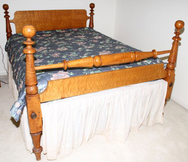 AMERICAN CURLY MAPLE CANNONBALL BED, C. 1840, H: AMERICAN CURLY MAPLE CANNONBALL BED, C. 1840, H 48", W 58", L 80":Comprising a headboard, foot board and side rails.