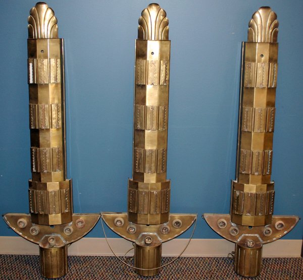 ART DECO ARCHITECTURAL/THEATER SCONCES, SET OF: ART DECO ARCHITECTURAL/THEATER SCONCES, SET OF THREE, H 51", W 19", D 4 1/2":Each of elongated shape with stylized fan-form crest.