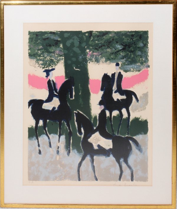 ANDRE BRASILIER (1929-), LITHOGRAPH, ARTIST'S P: ANDRE BRASILIER (1929-), LITHOGRAPH, ARTIST'S PROOF, 23" X 17", 'CHASSE À COURRE':Measures 23 1/2" x 17 1/2". Depicts three figures riding horses, a large tree at the center with a band of pink, rend