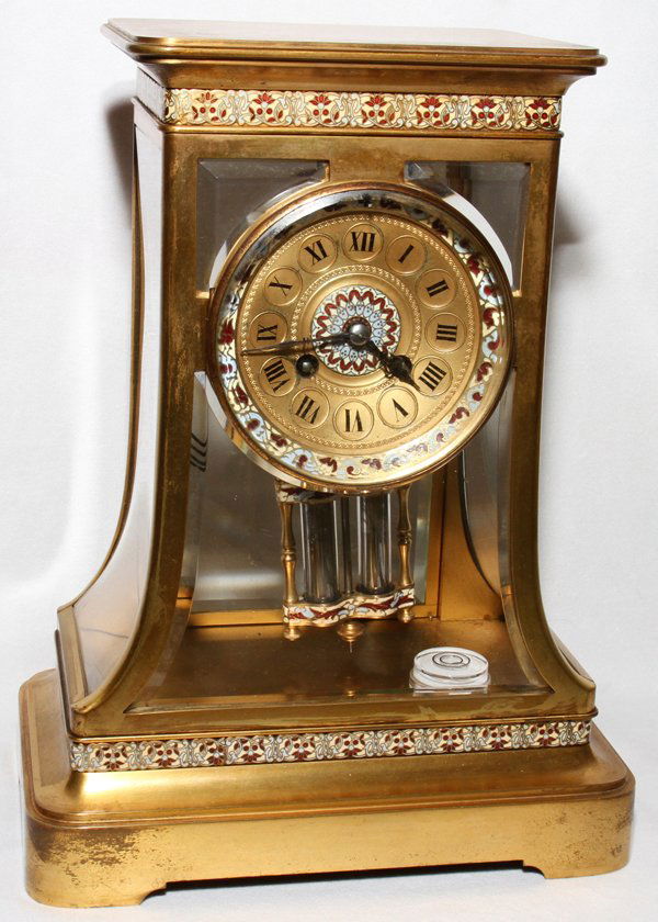 FRENCH BRASS & CHAMPLEVÉ MANTEL CLOCK, EARLY 20: FRENCH BRASS & CHAMPLEVÉ MANTEL CLOCK, EARLY 20TH C., H 13 1/2", W 10", D 6":With mercury pendulum and key.