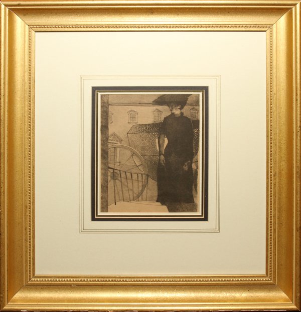 ALOIS KOLB (1875-1942), ETCHING, 7" X 5 3/4", Y: ALOIS KOLB (1875-1942), ETCHING, 7" X 5 3/4", YOUNG WOMAN:Depicting an Edwardian woman at the foot of steps; no apparent signature, triple matted under glass in a contemporary frame. Alois Kolb, Austr