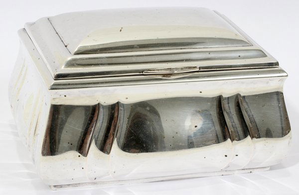 GOTTLIEB KURZ .830 SILVER BOX, C. 1900, H 3 1/4: GOTTLIEB KURZ .830 SILVER BOX, C. 1900, H 3 1/4", L 5 3/4":German silver box is simply fashioned with hinged cover and wavy lines adorning the sides. Stamped at the underside with maker's mark and sta