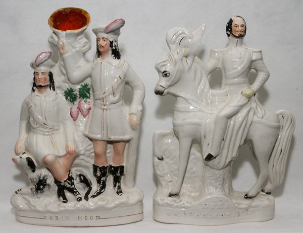 STAFFORDSHIRE FIGURES, 19TH C., TWO, H 14", ROB: STAFFORDSHIRE FIGURES, 19TH C., TWO, H 14", ROBIN HOOD & DUKE OF CAMBRIDGE:Including 1 "Robin Hood" spill vase, H.14 1/2", W.9", and 1 "Duke of Cambridge" astride a horse, H.14", W.9 1/2".