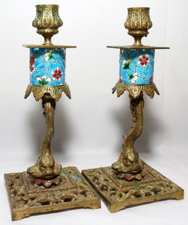 CHINESE BRASS & ENAMELED PORCELAIN CANDLESTICKS: CHINESE BRASS & ENAMELED PORCELAIN CANDLESTICKS, PAIR, H 9 1/4":Each with dolphin-form support on a square base.