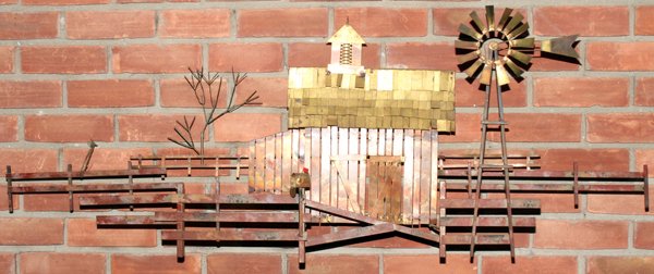 CURTIS JERE (20TH C.), METAL WALL SCULPTURE, C.: CURTIS JERE (20TH C.), METAL WALL SCULPTURE, C. 1975, 20" X 52", FARM:A barn and windmill bordered by a fence; signed.
