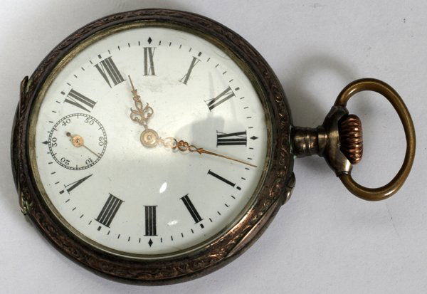 SILVER 800 PTS POCKET WATCH, C. 1880: SILVER 800 PTS POCKET WATCH, C. 1880:Size 10 open face pocket watch with engine turned case stamped at the interior, including .800. Probably German or Swiss.