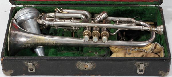 SILVER PLATED TRUMPET, L 16": SILVER PLATED TRUMPET, L 16":Inscribed, in fitted case. Wear to silver finish.