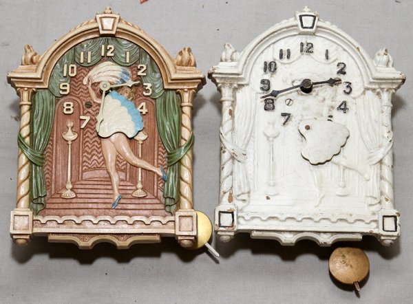 LUX CLOCK CO. SALLY RAND FAN DANCER PENDULETTE : LUX CLOCK CO. SALLY RAND FAN DANCER PENDULETTE CLOCKS (2), H 6":Composition clocks with pendulums and animate fan dancer.