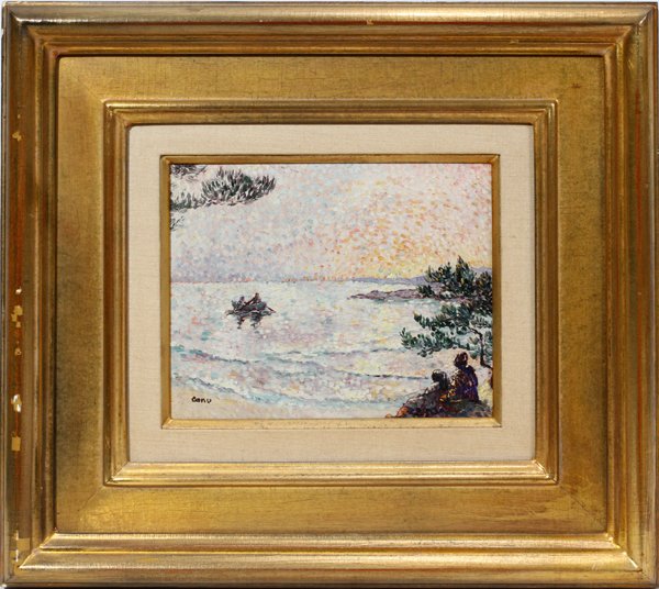 YVONNE CANU [FRENCH 1921- 2007], OIL ON MASONIT: YVONNE CANU [FRENCH 1921- 2007], OIL ON MASONITE, 8.5" X 10.5", POINTILLIST SEASCAPE:Signed Canu. Size is image only.