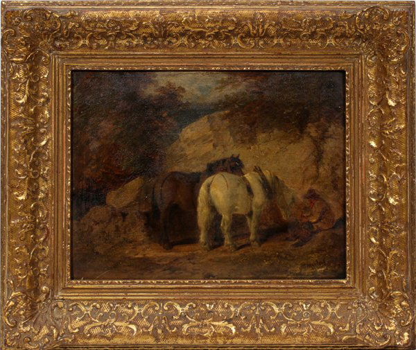 GEORGE MORLAND, OIL ON BOARD: GEORGE MORLAND, OIL ON BOARD, 9" X 11 3/4":Mountain scene with man and horses. Signed lower right. Framed.