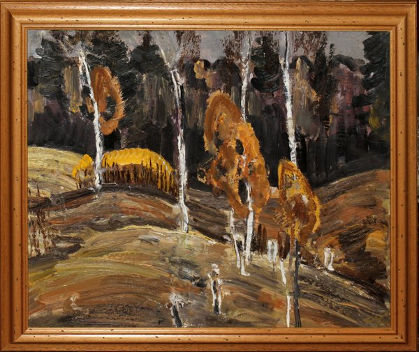 VASILY GOLUBEV (RUSSIAN), OIL ON ARTIST BOARD: VASILY GOLUBEV (RUSSIAN, 1923-1985), OIL ON ARTIST BOARD, 1973, 19" X 22", 'HIGH BIRCH':Abstract image of trees in earth tones. Signed and dated; with text in Cyrillic on the verso. Framed.