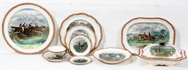 COPELAND SPODE PORCELAIN DINNER SERVICE: COPELAND SPODE PORCELAIN DINNER SERVICE, 49 PCS.:Hunt scenes on eight 10 1/2" plates, eight 7 3/4" plates, eight 5 1/2" plates, nine 5 1/2" berry bowls, eight cups and saucers, and eight 9" bowls.