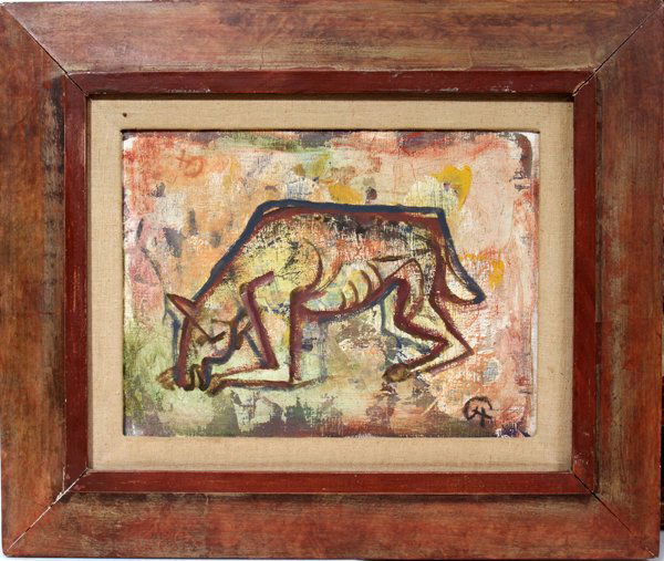 ATTRIBUTED TO KARL HOFER, ON CANVAS ON MASONITE: ATTRIBUTED TO KARL HOFER (GERMAN 1878-1955), ON CANVAS ON MASONITE, 1952, 10" X 13", 'HYÄNE':Image depicts an abstract Hyena; 10 1/2" x 13 1/2". Monogrammed at the upper left and lower right corners;