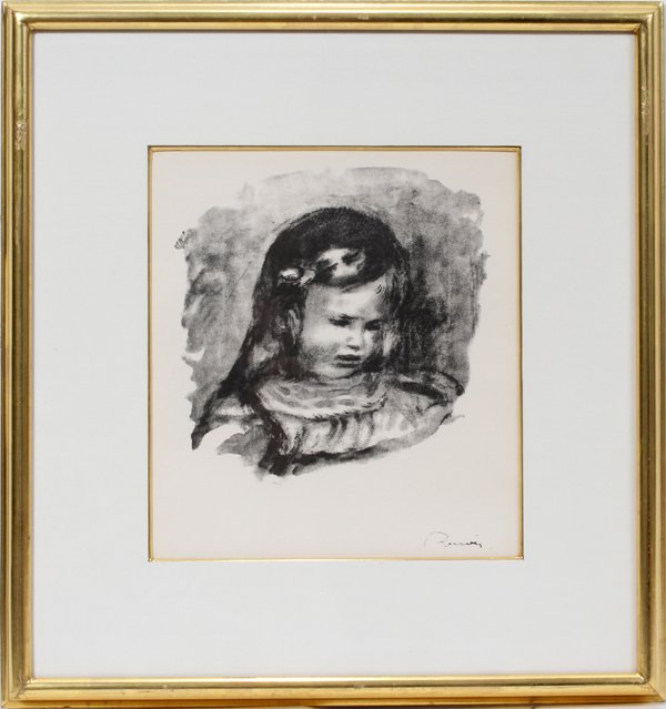 RENOIR LITHOGRAPH 9" X 8" PORTRAIT: RENOIR LITHOGRAPH 9" X 8" PORTRAIT OF CLAUD RENOIR:9 3/4" x 8 3/4". Size is paper only. Signed in plate. Collectors Group Print. Lithograph, Claude Renoir, La Tête Baissée (Claude Renoir, Head Lower