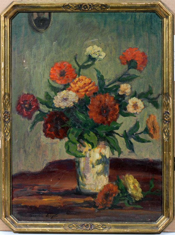 ARCHIE PALMER WIGLE OIL ON ARTIST BOARD C. 1930: ARCHIE PALMER WIGLE [US 1881-1969], OIL ON ARTIST BOARD, C. 1930, 21" X 16", STILL LIFE OF POPPIES:Featuring a vase of poppies with a portrait in the upper left. Signed lower left and in a period fram