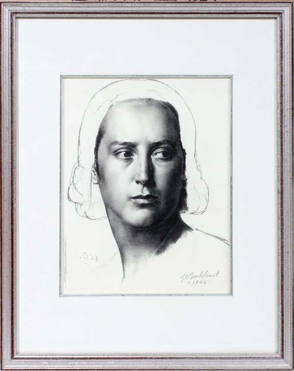 GERALD LESLIE BROCKHURST, LITHOGRAPH, 1944,: GERALD LESLIE BROCKHURST, LITHOGRAPH, 1944, 11 1/8" X 8 3/4" IMAGE, 'HEAD OF A BASQUE":Pencil signed and dated 1944; plate initialed; framed.