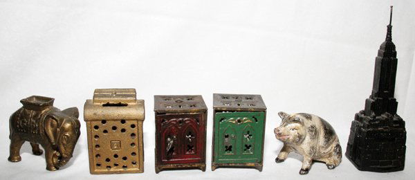 CAST IRON STILL BANKS, VARIOUS FORMS, 6,: CAST IRON STILL BANKS, VARIOUS FORMS, C. 1900 - 1950'S, 6, H 2 1/2" - 7 3/4", W 2" - 4":