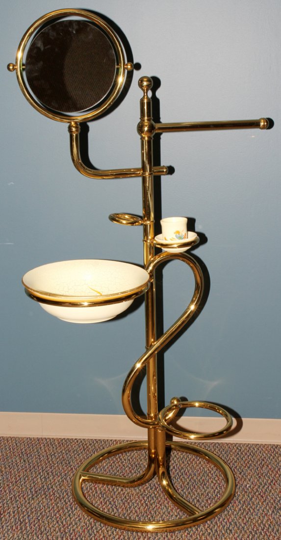 BRASS & PORCELAIN WASHSTAND WITH MIRROR, H 62": BRASS & PORCELAIN WASHSTAND WITH MIRROR, H 62":Wash bowl, cup & soap dish. Missing pitcher.