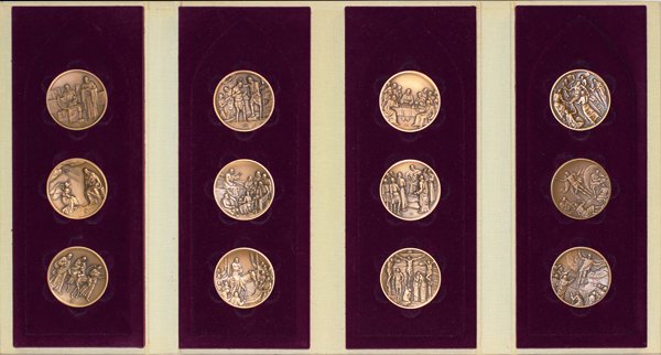 PIETRO MONTANO 'VITA CHRISTI' BRONZE MEDALLIONS: PIETRO MONTANO FOR FRANKLIN MINT 'VITA CHRISTI' BRONZE MEDALLIONS, TWELVE:Each depicting a different scene from the life of Christ. In four fitted cases.