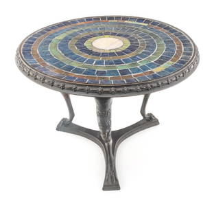 Tiffany Studios Co Favrile Glass Mosaic Tile And Bronze Tea Stand Ca. 1900-1902, H 11.7" Dia. 15.5": Tiffany Studios Co Favrile Glass Mosaic Tile And Bronze Tea Stand Ca. 1900-1902, H 11.7" Dia. 15.5" | a previously undocumented example of a Tiffany Studios "Fancy Goods" tea trivet on a Grecian