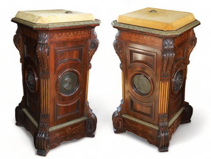 American Renaissance Revival Carved Inlaid And Gilt Incised Rosewood, Pedestals, Ca. 1870, H 41" W 2: American Renaissance Revival Carved Inlaid And Gilt Incised Rosewood, Pedestals, Ca. 1870, H 41" W 22" L 22" 1 Pair | Each having upholstered wood top, gilt scroll corners, inlaid frieze, bronze