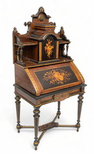 Attributed to Herter Brothers (American, 1864-1906) Carved Rosewood Marquetry Inlaid Secretary Desk,: Attributed to Herter Brothers (American, 1864-1906) Carved Rosewood Marquetry Inlaid Secretary Desk, Ca. 1860, H 65" L 31.5" Depth 20.5" | Fall front desk under 2 shelves flanking a single cabinet