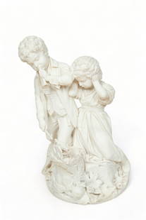 American Carrara Marble Sculpture, Ca. 1870-1890, "Fourth of July", H 30" W 18" Depth 19": American Carrara Marble Sculpture, Ca. 1870-1890, "Fourth of July", H 30" W 18" Depth 19" | Unsigned. Carved pure white Carrara marble. Depicting siblings dressed in Revolutionary era costumes. the