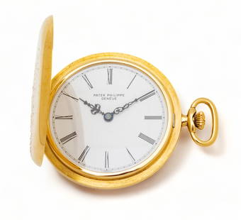 Patek Philippe (Swiss) 18K Gold Pocket Watch, Hunter Case #539682, Works 932815: Patek Philippe (Swiss) 18K Gold Pocket Watch, Hunter Case #539682, Works 932815 | Enamel dial. Black Roman numerals. #115. Impressed 750 and 18K. #539682 Provenance: Property of a Novi, MI private