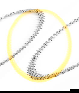 Tiffany & Co. (American) 18k Gold Woven Link Chain Necklace, W 0.5" L 17" 109g: Tiffany & Co. (American) 18k Gold Woven Link Chain Necklace, W 0.5" L 17" 109g | Impressed 750 and Tiffany & Co # 1995 with a safety catch on the clasp. Total weight: 109 grams. Provenance: Property