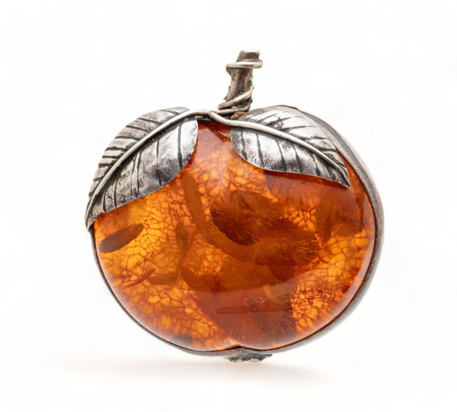 Russian Baltic Amber Cabochon Apple Form, Silver Setting Pendant - Brooch Ca. 1940, W 1.7" 26.7g (1 of 8)