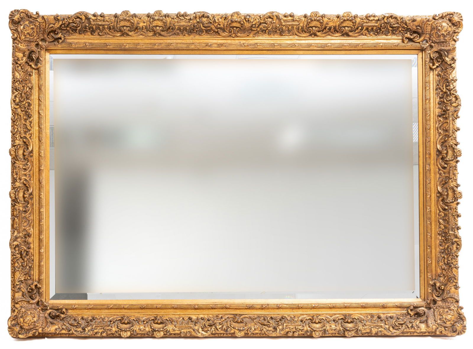 Neoclassical Style Gold Tone Resin And Wood Beveled Mirror, Ca. 21st C., H 62" W 87" (1 of 3)